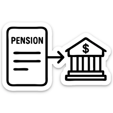 A simple, clean icon of a pension document with an arrow pointing to a bank logo, emphasizing the straightforward process of pension transfer, in a minimalist and professional style. sticker