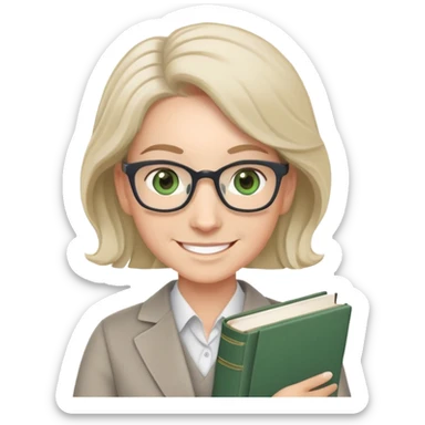 smiling English teacher with airtouch hair and grey-green eyes holding books and teaching materials sticker