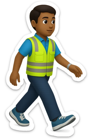 Edit the image to depict a full-body person walking, wearing a high-visibility vest, no hard hat, wearing trainers, in the style of apple emojis, with no background (transparent). sticker