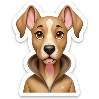 Cinematic Comical Fawn Great Dane Portrait Emoji, Head tilted dramatically with an exaggeratedly amused expression, featuring a sleek fawn coat with a subtle dark mask, wide, expressive amber eyes filled with playful disbelief, Simplified yet hilariously expressive features, highly detailed, glowing with a slightly sassy glow, high shine, dramatic yet playful, stylized with an air of cheeky mischief, bright and endearing, soft glowing outline, capturing the essence of a spirited and over-the-top guardian, so meme-worthy it feels like it could side-eye its way into internet fame instantly! sticker