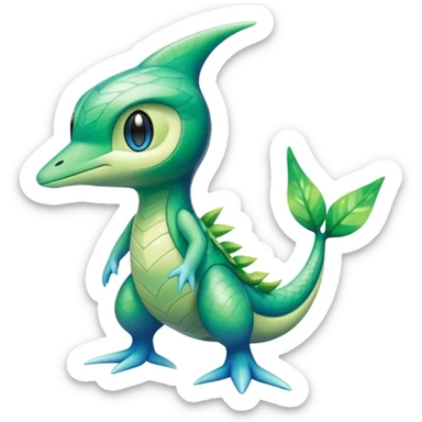 Futuristic glowing scaled Larvitar-Celebi-Snivy-hybrid-fusion (full body) sticker