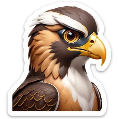 Cinematic Noble Falcon Portrait Emoji, Poised and majestic, with a streamlined, muscular build, a sharply hooked beak, and intense, piercing eyes that exude focus and speed, Simplified yet sharp and sophisticated features, highly detailed, glowing with a soft, amber radiance, high shine, intelligent and commanding, stylized with an air of aerial authority, focused and swift, soft glowing outline, capturing the essence of a watchful and confident falcon that appears ready to soar out of the screen with effortless power! sticker