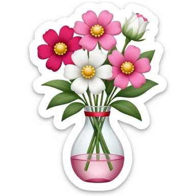 One pink flower and one white flower in transparent bouquet with red band  sticker