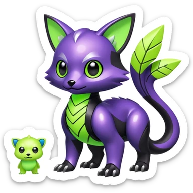 Futuristic modern Cute cool shiny metallic alloy black-obsidian purple neon-green white lime animal hybrid Fakemon full body sticker