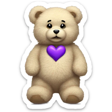 Beige fluffy teddy bear with small purple heart patch on chest sticker
