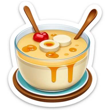 Chinese sweet Douhua tofu pudding with syrup and toppings, simplified emoji style with bold outlines and bright colors, cartoon style soft dessert sticker