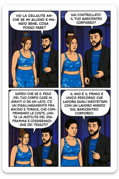 TRASFORMA QUESTO CAROSELLO IN UN FUMETTO CON QUESTE DUE PERSONE IDENTICHE CHE INTERLOQUISCONO TRA LORO:

LEI: Ho la cellulite anche se mi alleno e mangio bene, cosa posso fare?

LUI: Hai controllato il tuo baricentro corporeo?
LUI: Sapevi che se il peso del tuo corpo cade in avanti o da un lato, c’è un disallineamento fra bacino e torace, che comprimendo le coste, limita la motilità del diaframma e l’ossigenazione dei tessuti?
LUI: Il mio è il primo e unico percorso che lavora sugli inestetismi con un lavoro mirato sul baricentro corporeo. sticker