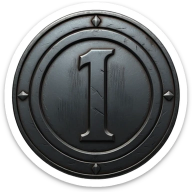 Minimal emoji, gothic metal coin made of black steel, engraved number 1 at the center, ancient industrial aesthetic, worn metal texture, no glow, no neon, flat emoji design, centered, transparent background sticker