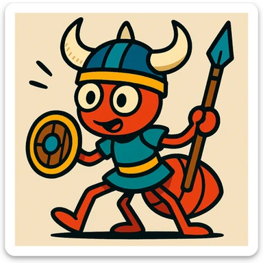 viking warrior ant, horned helmet, tiny shield, cartoon style, vibrant colors, bold lines sticker