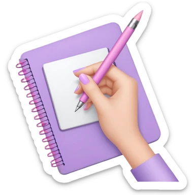 close-up of feminine hand with delicate lilac manicure, pastel pink pen, and notebook sticker