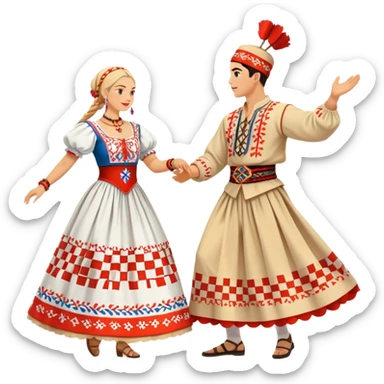 Cinematic Realistic scene of two performers engaging in the Croatian Linđo folk dance, adorned in vibrant traditional costumes with intricate patterns and accessories, captured in graceful, synchronized motion under festive natural lighting. sticker