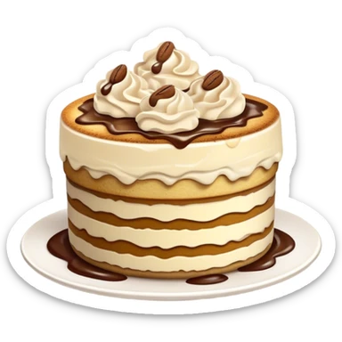 Tiramisu Cinematic Realistic Tiramisu Dessert Emoji, depicted as a delightfully messy, layered tiramisu with coffee-soaked sponge and mascarpone cream, rendered with rich textures and warm, indulgent lighting. sticker