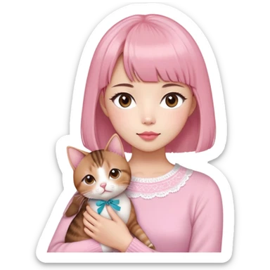 Cute East Asian girl, soft fair skin with blush on cheeks, big brown eyes with long lashes, natural pink lips, inward brown bob with straight bangs. Wearing a stylish pink knit top with ribbon details and subtle lace trim, holding a Abyssinian cat in arms sticker