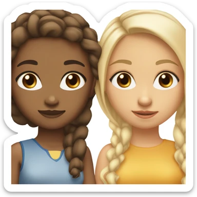 skinny mixed girl with brown eyes and brown hair with 2 blonde streaks in front of her hair , sitting next to another more lighter mixed girl who has blonde hair and blue eyes , and their best friends sticker