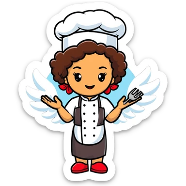 Mixed-race female chef with medium-length curly brown hair, wearing a chef's hat (toque), with both an angel halo and devil horns on her head sticker