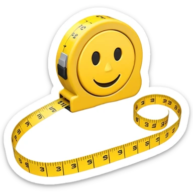 A 3D emoji-style yellow measuring tape, rolled in a spiral with black markings, realistic light and shadow, minimalistic background, vector-like clean design. sticker
