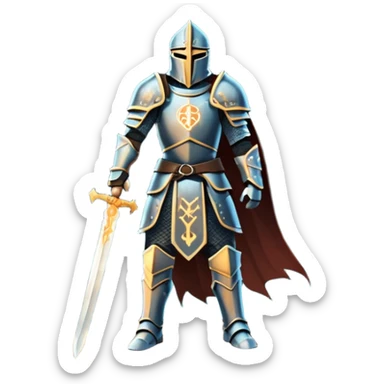 An icon representing RPG, inspired by Elden Ring. The design features a warrior in armor, holding a sword, standing in front of a mystical, dark landscape with glowing runes and a distant castle. The atmosphere evokes epic quests, exploration, and intense battles. Transparent background sticker