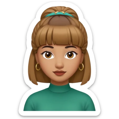 In Apple Memoji format, a girl with bangs and her hair in a bun. The girl has light brown skin and arab ethnic features sticker