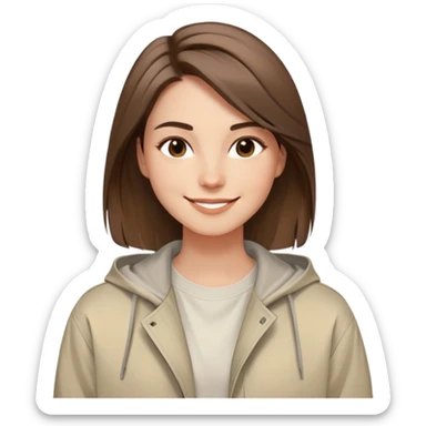 smiling face with soft straight brown hair swept to one side, warm and creative eyes, wearing neutral-toned aesthetic clothing including light oversized jacket and artistic tee, expression conveys positive energy style and originality sticker