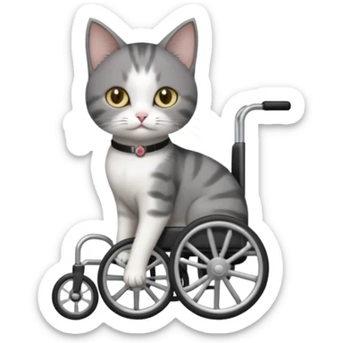full body small short hair dark grey and white cat with hazel eyes walking in a wheelchair for cats sticker