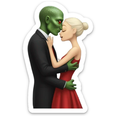 White man in black dress hugs and kissing Alien reptilian woman in red dress  sticker