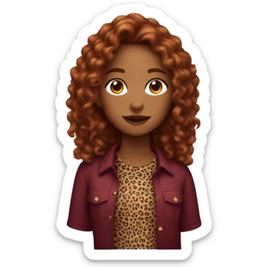 Girl with long burgundy, curly hair, wearing a cheetah print shirt sticker