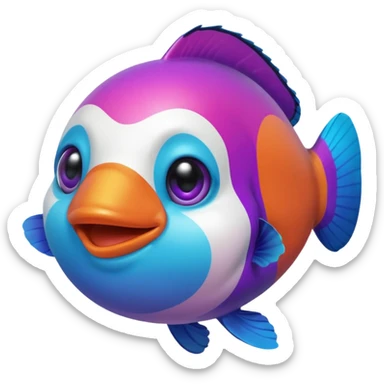 cyan blue, purple and pink coloured gradient gooball, with a rainbow-coloured gradient clownfish in the center sticker