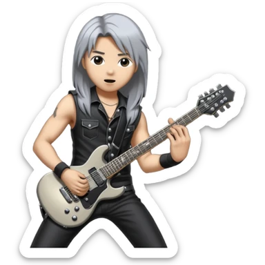 a kpop idol plying a heavy metal guitar with white background sticker