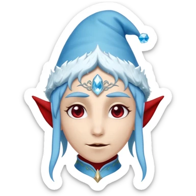 Fantasy elf portrait emoji, Santa Claus hat with icy frost edges, thin icy crystal crown with deep red accents under the hat, elegant elven features, cold noble winter expression, icy blue and crimson color palette, minimal clean design, flat readable emoji style, male/female variant
 sticker