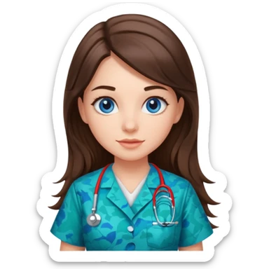 pretty brunette nurse with long hair and blue eyes in dinosaur pattern scrubs sticker