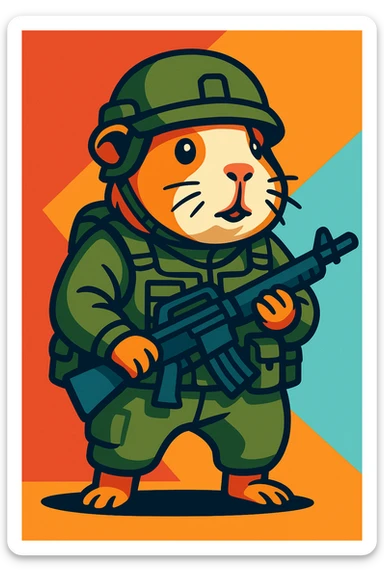 guinea pig with military gear and rifle, full body, detailed cartoon illustration sticker