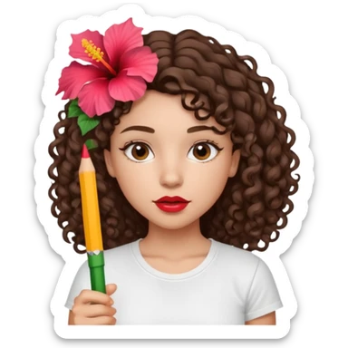 A brunette girl turned to the left side with curly hair with a hibiscus on her hair on her lips she has a brown pencil outline with gloss over it with a white t-shirt  sticker