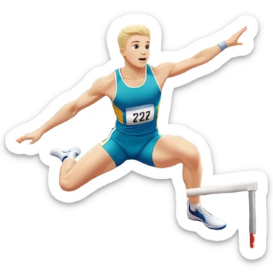 An icon of an white-skined athlete soaring over a hurdle, mid-jump, with a powerful form. The background features a vibrant stadium, with the track and hurdles in sharp focus, and a cheering crowd along the stands. The motion of the jump emphasizes speed and agility. Transparent background. sticker