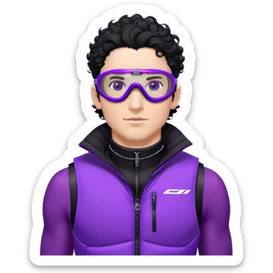 male athlete with white skin and moderately curly black hair on top with shaved sides, wearing ski goggles with purple frames and very dark black lenses, a simple plain black chain necklace, and a completely unzipped/wide open shiny purple vest fully revealing his chest and abs, no earrings sticker