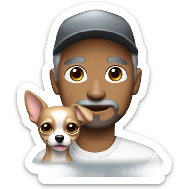 blue eyed man with gray hair and goatee wearing ball cap holding chihuahua with long black hair sticker