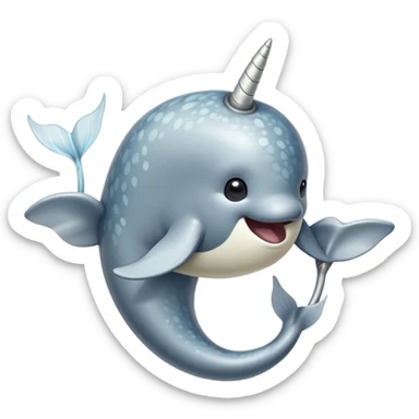 Cinematic Noble Cute Narwhal Portrait Emoji, Poised and graceful, with a streamlined, gently curved body clad in mottled, silvery-gray skin, accented by a long, spiraled ivory tusk and wide, expressive eyes radiating playful intelligence, Simplified yet sharp and sophisticated features, highly detailed, glowing with a cool, frosted ocean glow, high shine, intelligent and enigmatic, stylized with an air of whimsical marine majesty, focused and graceful, soft glowing outline, capturing the essence of a watchful and confident cute narwhal that appears ready to glide out of the screen with effortless charm! sticker