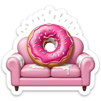 White icing running through a pink donuts hole spilling out onto a couch to make a sticky mess sticker