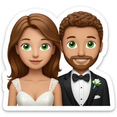 wedding couple woman with long straight brown hair and green eyes man with short light brown curly hair and facial hair with blue eyes sticker