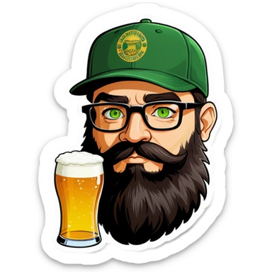 A man with a grey baseball cap, green eyes, big dark brown beard and glasses, drinking beer sticker