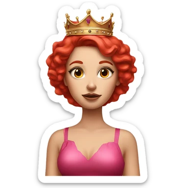 red hair girl with heavy makeup, pink dress, big red hair with crown,girl,  sticker
