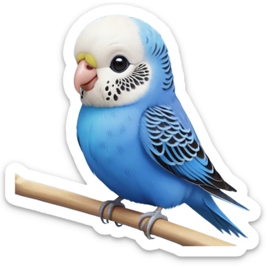 cinematic-cute-blue-budgie-portrait-emoji,-head-tilted-playfully-and-inquisitively,-featuring-a-brilliant-blue-feathered-fur-and white and black face-with-a-natural-sheen,-round,-sparkling-dark-eyes-filled-with-curiosity,-simplified-yet-irresistibly-adorable sticker