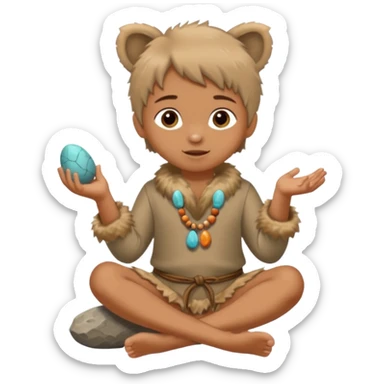 A barefoot child in fur tunic playing with a small stone toy.



















 sticker