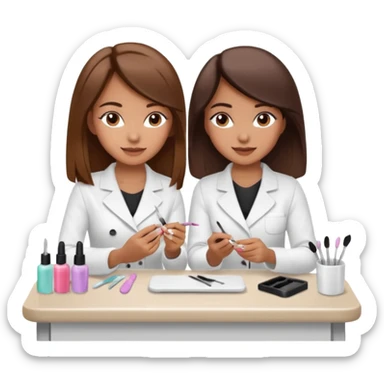 A realistic illustration of a girl with medium-length thick brown hair sitting at a manicure table. Another girl is carefully doing her nails, using professional manicure tools. Soft natural lighting, clean salon environment, detailed hands and nail work, warm and pleasant atmosphere. sticker
