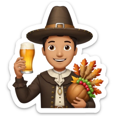 Mexican man dressesd as a Thanksgiving Pilgrim  holding a Turkey drumstick and a Corona beer sticker