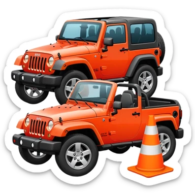 red Jeep Wrangler with an all-white traffic cone flattened under the tire, no stripes or markings, emoji style sticker