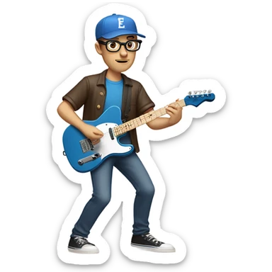 A nerdy white guy with glasses with short brown hair wearing a baseball cap playing a blue classic telescaster sticker