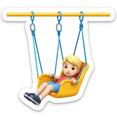 iOS-style 3D emoji: a colorful plastic child swing with a safety bar in front, hanging from two ropes, glossy surface and soft shadows sticker