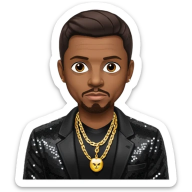 Keith Sweat (b.1961) with dark brown hair, black sequin jacket, black shirt with necklace sticker