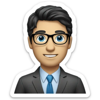 Businessman with black hair, blue eyes with glasses and laptop sticker
