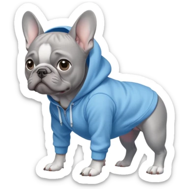 A full body grey French bulldog with blue eyes, on all fours wearing a light blue hoodie with the hood down sticker